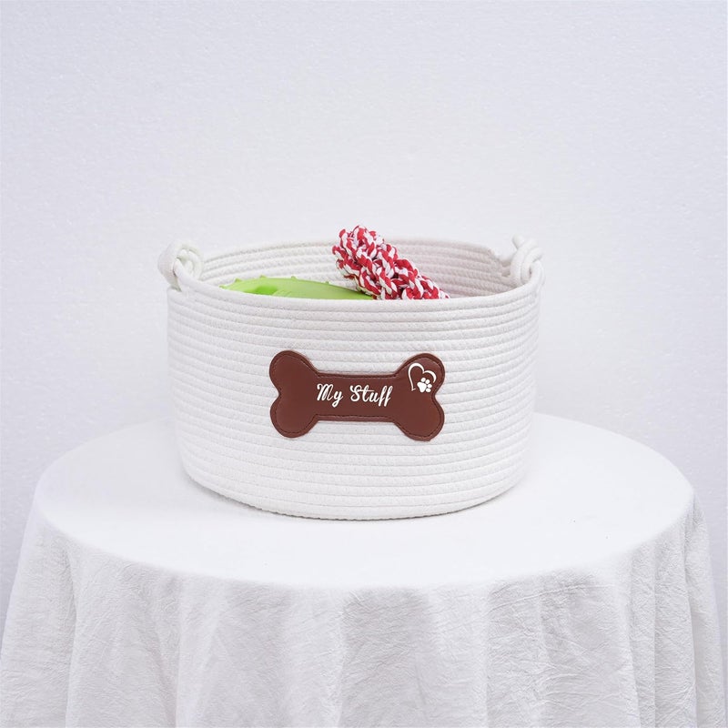 JUPPE Pet Dog Storage Basket with Brown Leather Bone Design, Cotton Rope Organizer for Dog Toys, 12 x 12 x 7 inches, Puppy Toy Storage Organizer (Brown Leather Basket) - Image 4